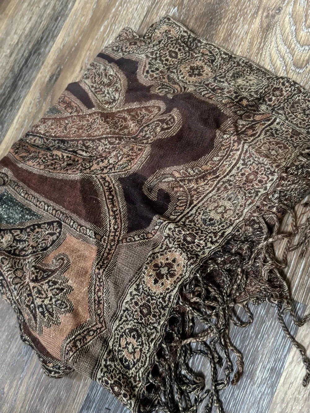 Boho Paisley Rayon Fringe Scarf in Brown & Tan
